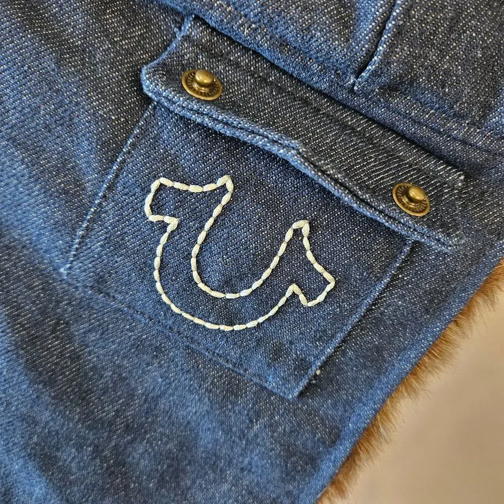 True Religion Earflap Cap Hat Faux Fur Denim Winter